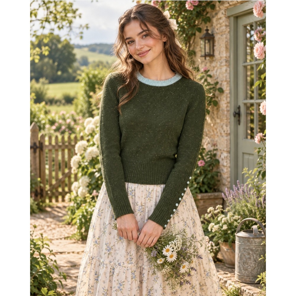 Anthropologie SLEEPING ON SNOW Green Cashmere Wool Button Sweater Knit Small